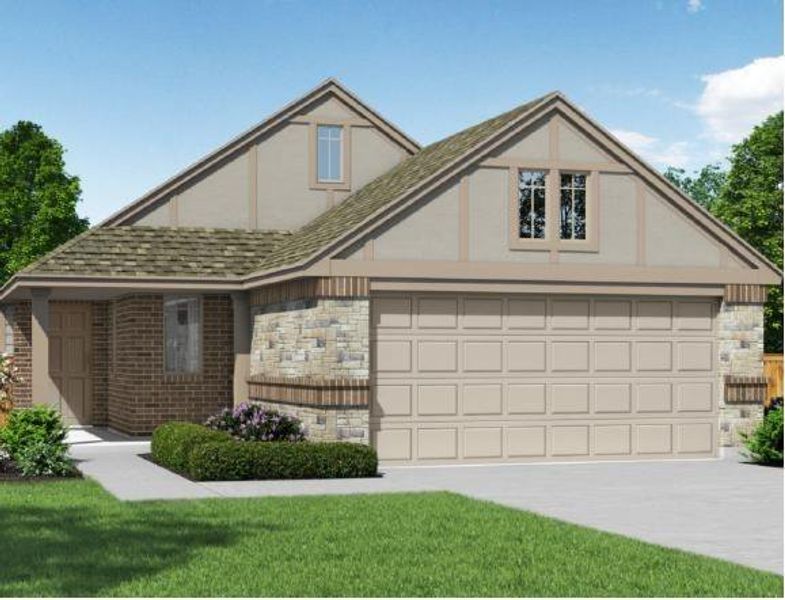 Front exterior of a new home in Crosswinds, Kyle, TX, highlighting curb appeal (Image 22).