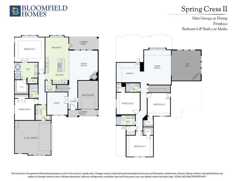 Bloomfield Homes Spring Cress II two-story floor plan with six bedrooms, game room, media room, and two-car garage.