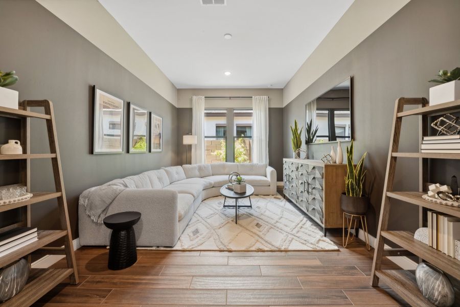 Media room with luxurious wood-look tile