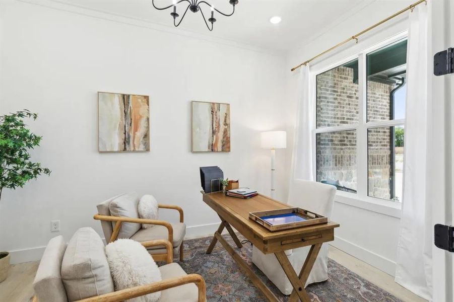 Office space featuring crown molding, suspended lighting, and wood finished floors
