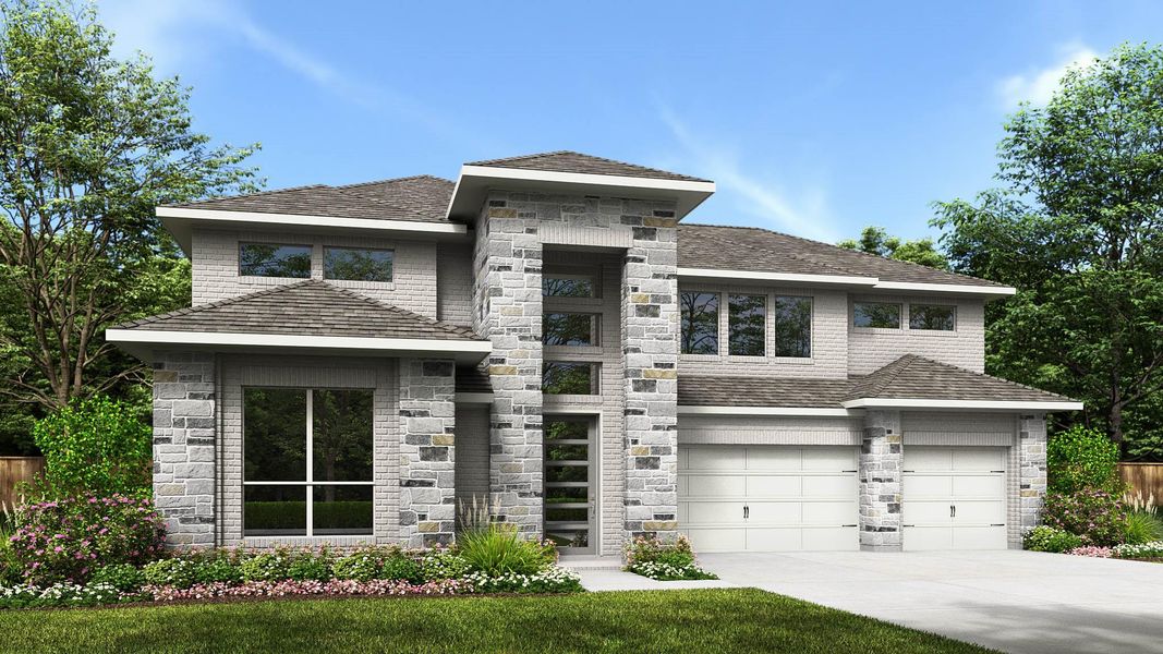 Front exterior of a new home in Legacy Prairie at Katy Court, Katy, TX, highlighting curb appeal (Image 1). Front exterior of a new home in Legacy Prairie at Katy Court, Katy, TX, highlighting curb appeal (Image 1).
