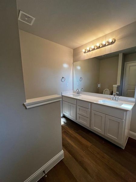 Bathroom with vanity and hardwood / wood-style flooring