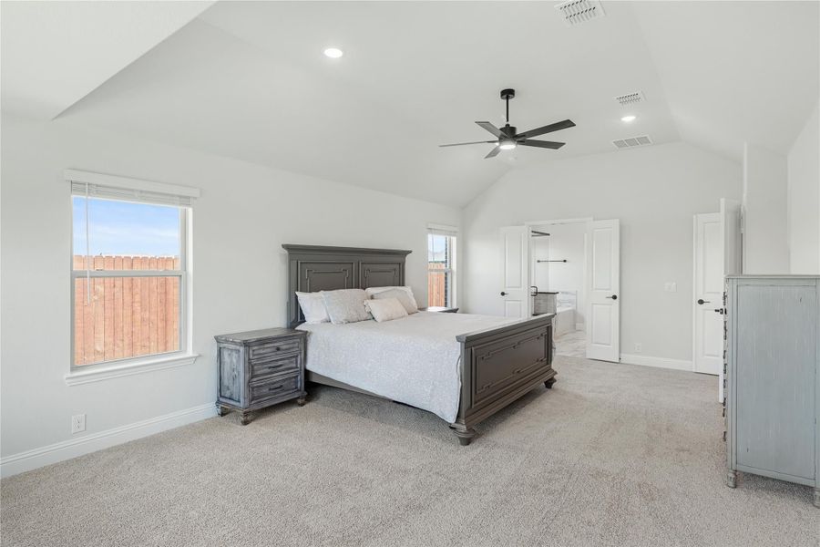Spacious master bedroom with vaulted ceiling, ceiling fan, gray wood bed frame, and carpet flooring