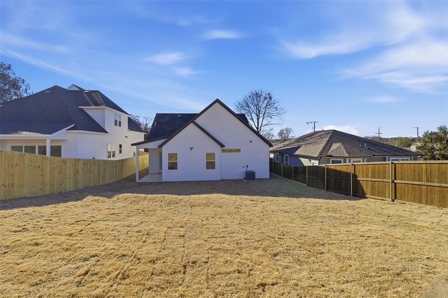 Rear view of property with a fenced backyard and a patio
