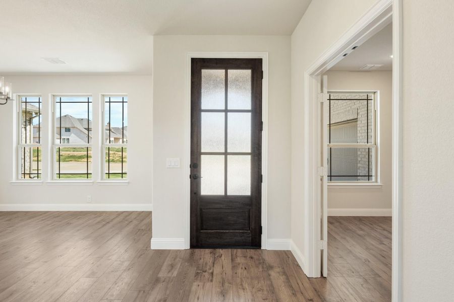 Entryway with dark wood glass-panel front door, white walls, and light hardwood floors