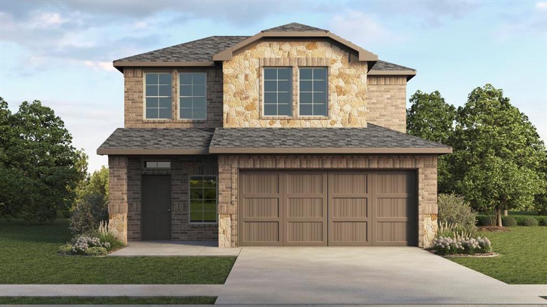 View of front of house with a front yard, an attached garage, driveway, roof with shingles, and stone siding