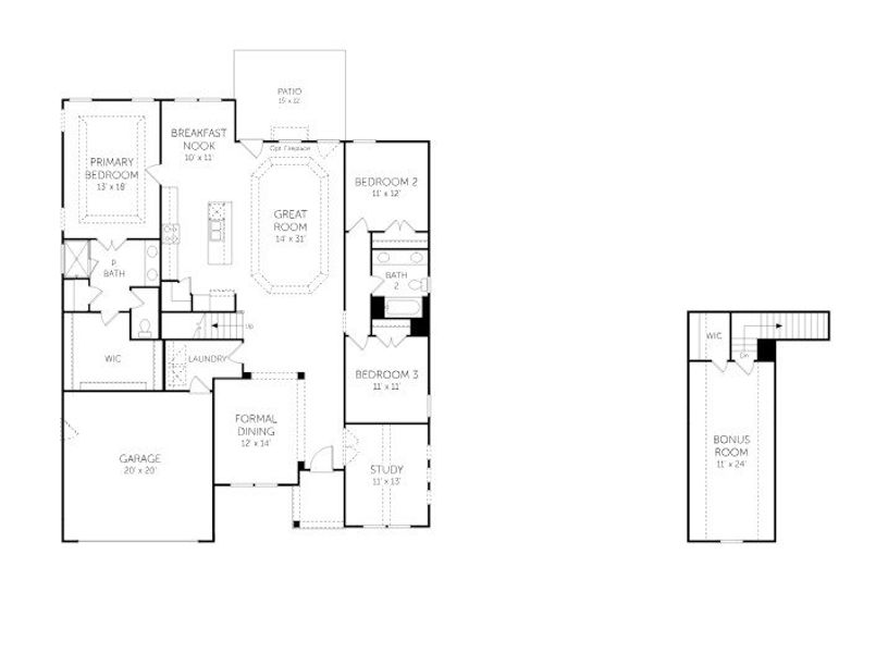2D floor plan layout for the Drayton with Bonus - Single Family Homes by Dream Finders Homes in Cherrywood Estates, Summerville, SC (Image 4).