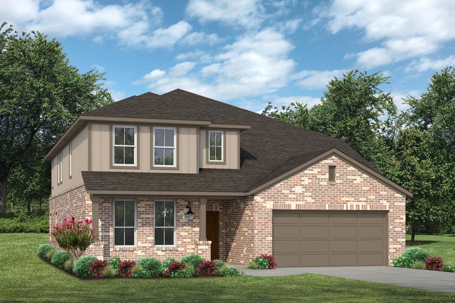 View of front facade with brick siding, an attached garage, and a front lawn