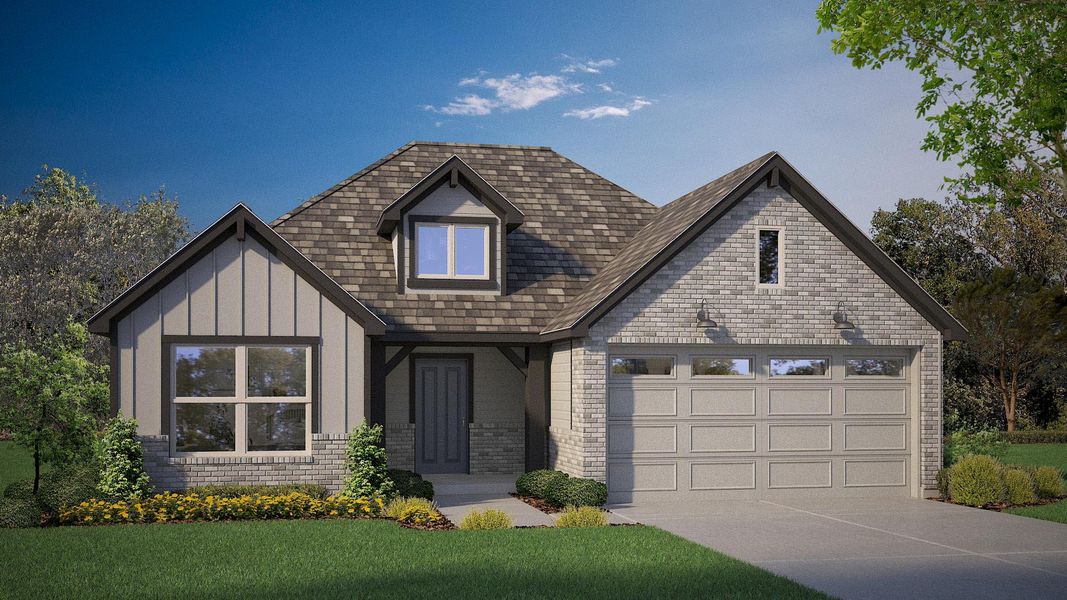 Representative exterior photo of a completed home built from the Denton by D.R. Horton in Sandstone Estates, Granbury, TX (Image 1). Representative exterior photo of a completed home built from the Denton by D.R. Horton in Sandstone Estates, Granbury, TX (Image 1).