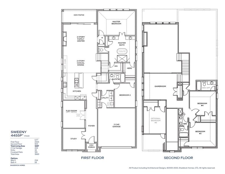 2D floor plan layout for the Sweeny - SH 4455 by Shaddock Homes in Hillside Village, Celina, TX (Image 3).
