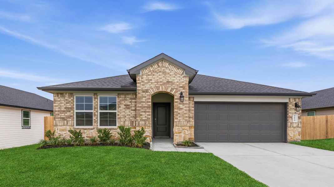 Front exterior of a new home in Caldwell Crossing, Iowa Colony, TX, highlighting curb appeal (Image 1). Front exterior of a new home in Caldwell Crossing, Iowa Colony, TX, highlighting curb appeal (Image 1).