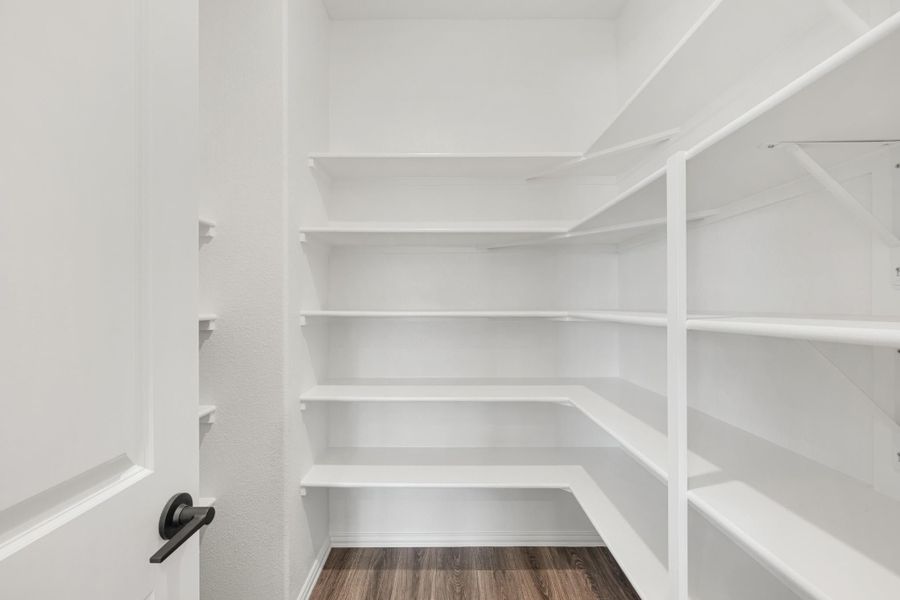 Walk-in pantry with white wrap-around shelving, dark hardwood floors, and a black door handle Walk-in pantry with white wrap-around shelving, dark hardwood floors, and a black door handle