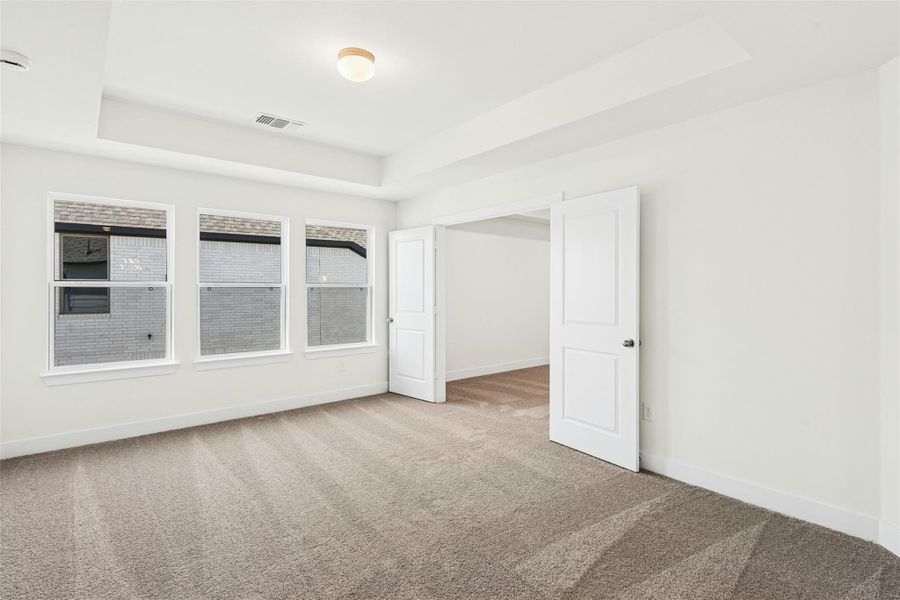 Carpeted spare room with a raised ceiling and baseboards