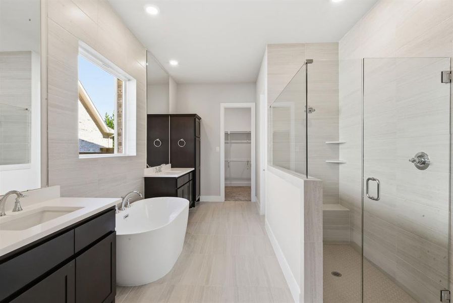 Bathroom featuring a spacious closet, two vanities, a shower stall, a freestanding bath, and tile walls