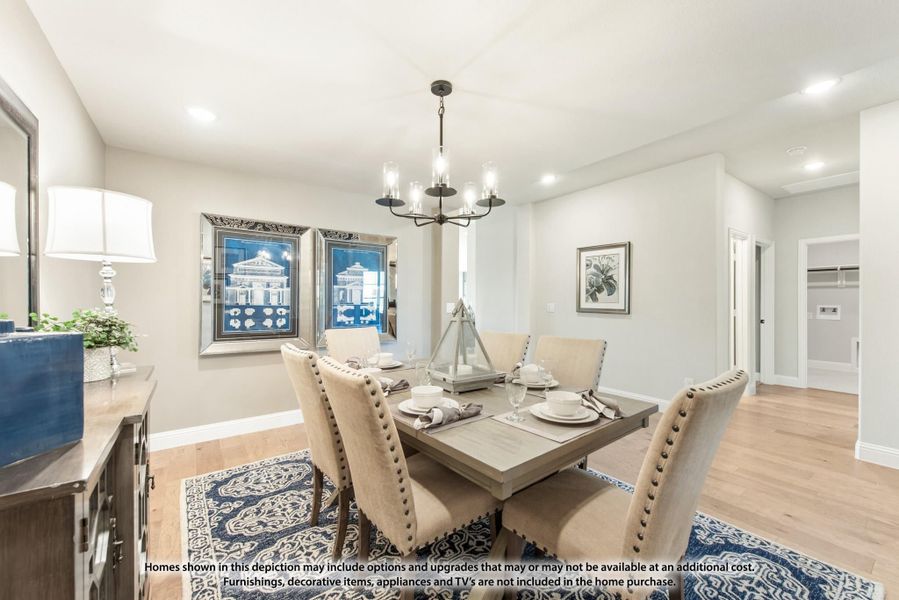 Dining room with gray wood table, upholstered chairs, chandelier, and light hardwood floors Dining room with gray wood table, upholstered chairs, chandelier, and light hardwood floors