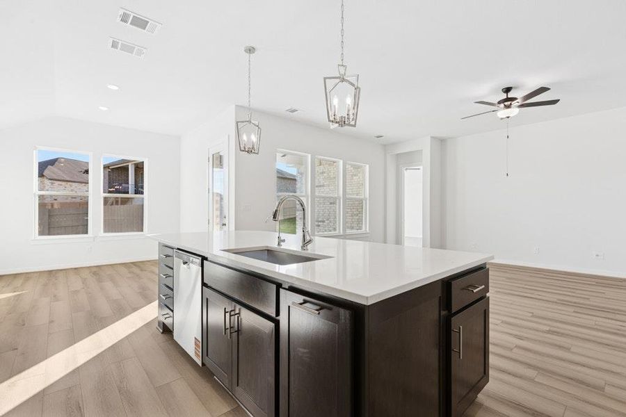 Kitchen with open floor plan, dark brown cabinets, pendant lighting, light wood finished floors, and a ceiling fan Kitchen with open floor plan, dark brown cabinets, pendant lighting, light wood finished floors, and a ceiling fan