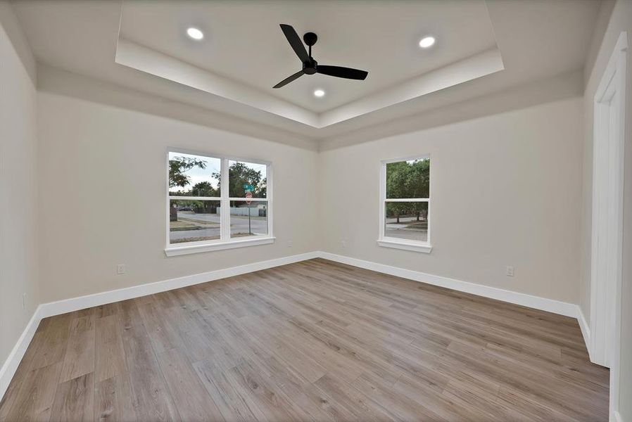 Spare room featuring a tray ceiling, plenty of natural light, recessed lighting, and light wood finished floors