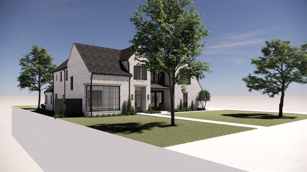 Rendering - front elevation with mature oak trees