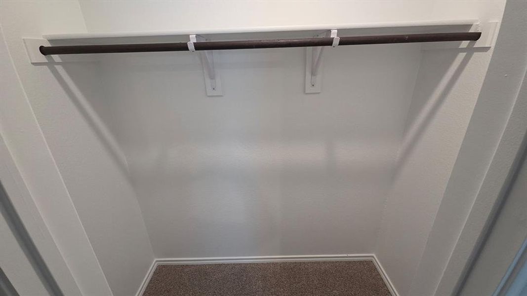 Recessed closet with a single hanging rod, upper shelf, white painted walls, and neutral carpet flooring Recessed closet with a single hanging rod, upper shelf, white painted walls, and neutral carpet flooring