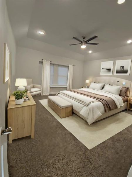 Carpeted bedroom with ceiling fan