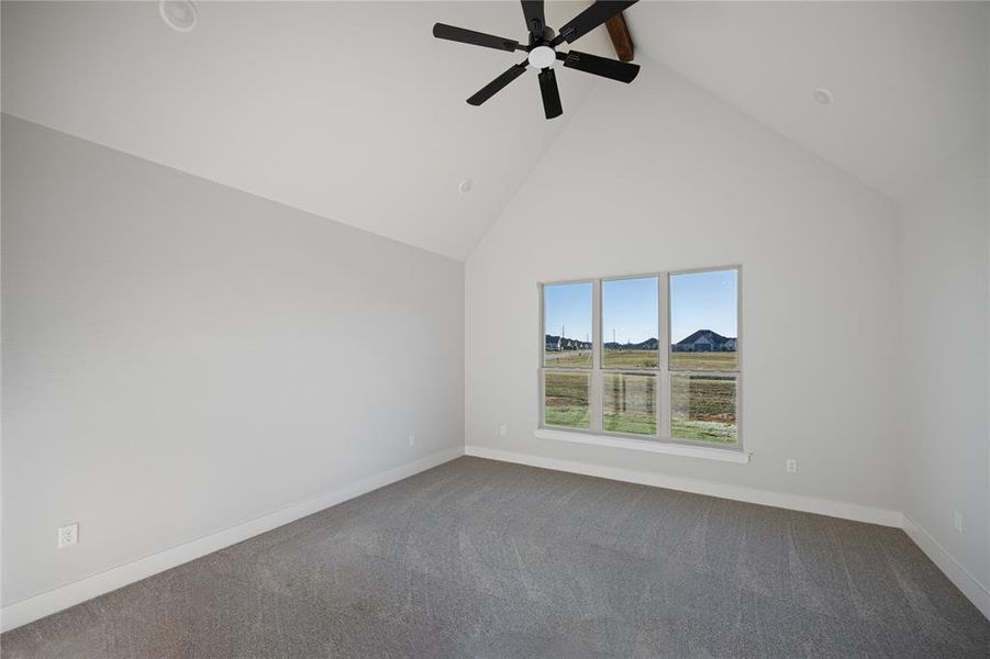 Primary Bedroom with a view to the backyard, vaulted ceiling & plush carpet