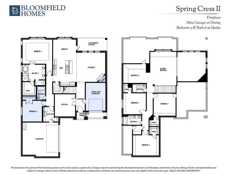 Bloomfield Homes Spring Cress II two-story floor plan with six bedrooms, game room, media room, and two-car garage. Bloomfield Homes Spring Cress II two-story floor plan with six bedrooms, game room, media room, and two-car garage.