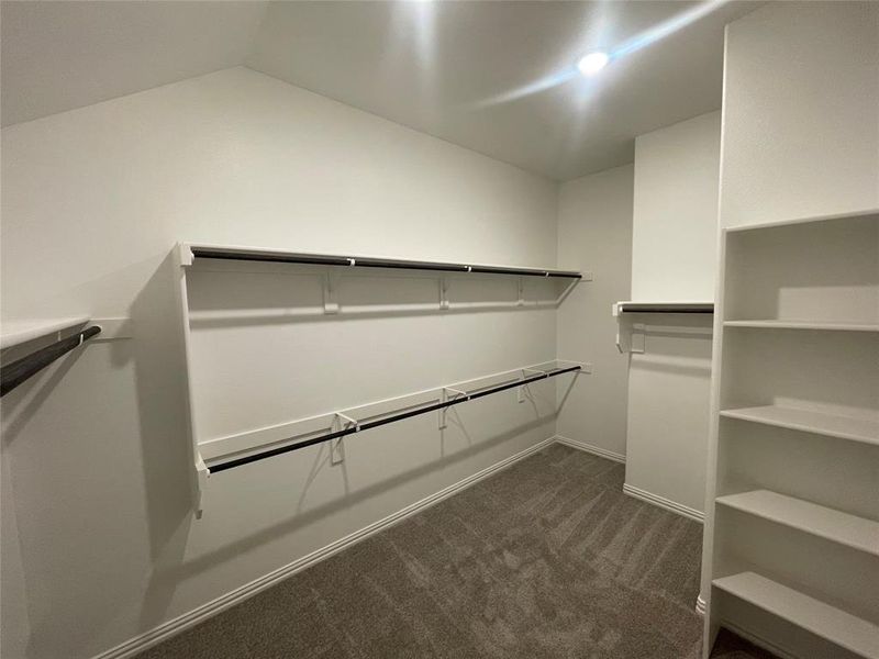 Spacious closet featuring dark carpet and vaulted ceiling