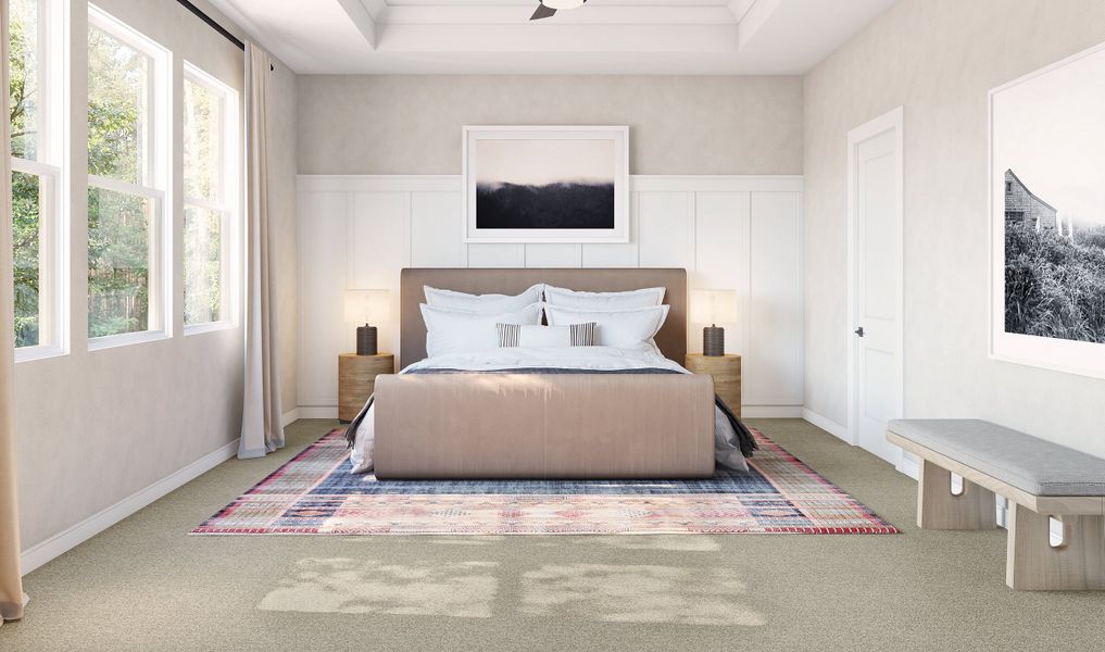 Primary suite with decorative feature wall Primary suite with decorative feature wall