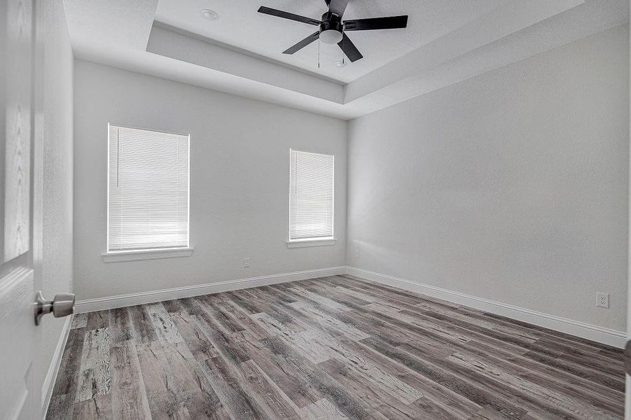 Empty room with a healthy amount of sunlight, ceiling fan, a tray ceiling, and hardwood / wood-style floors