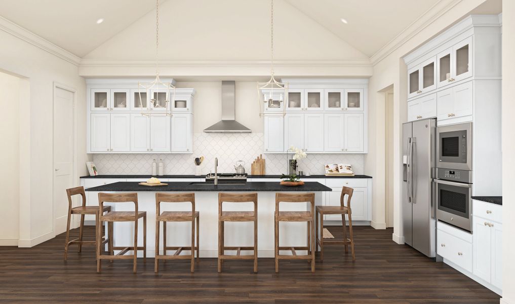 Kitchen with pendant lighting and upper glass cabinets