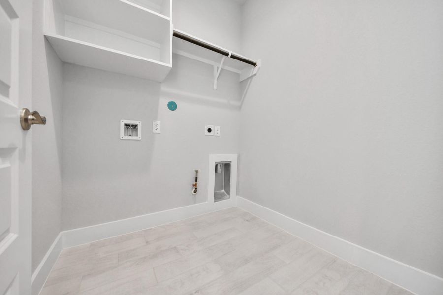 A perfect blend of functionality and comfort. Capture the essence of easy living with a first-floor laundry room, thoughtfully equipped with shelving for effortless organization. Both electric and gas connections available.