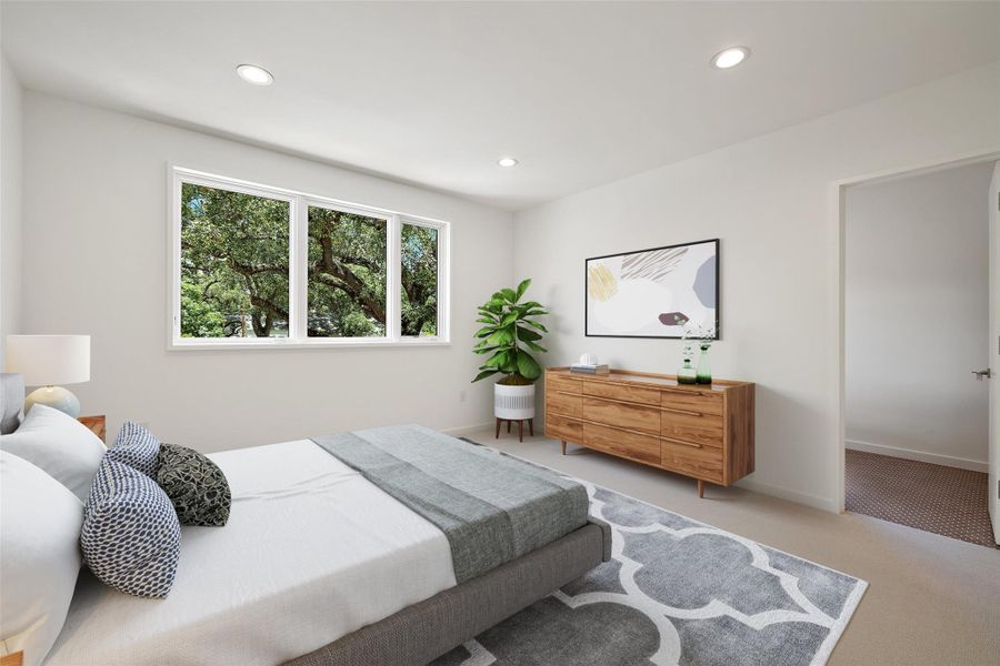Bedroom with carpet floors and recessed lighting