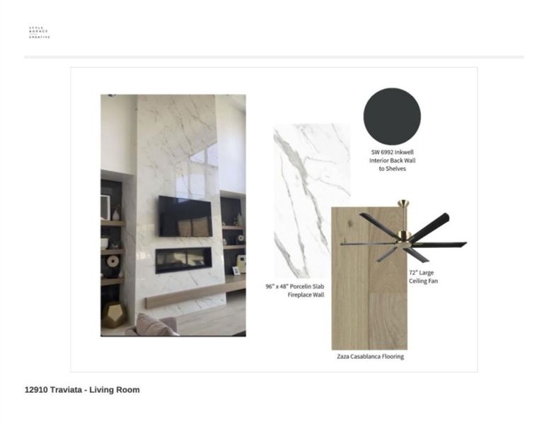 This expansive open-concept living area features soaring ceilings and a full-height porcelain slab fireplace wall, adding a dramatic focal point. Custom built-ins flank the fireplace, and a statement designer ceiling fan enhances both scale and style. Wide-plank engineered hardwood floors run throughout, offering a seamless flow and luxurious finish.