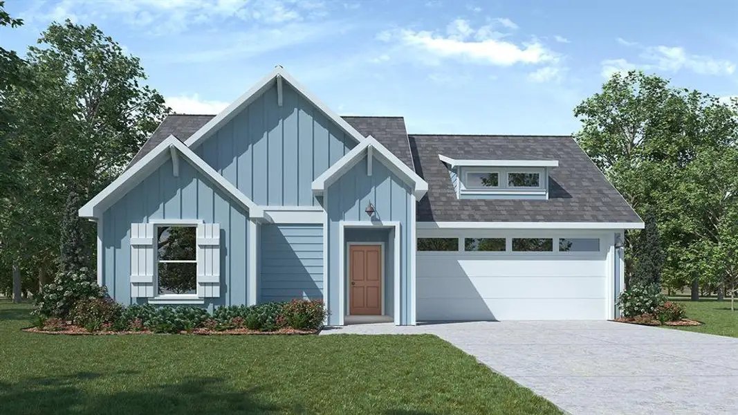 Contemporary single-story residence featuring light blue siding with white trim accents and a contrasting wooden front door Contemporary single-story residence featuring light blue siding with white trim accents and a contrasting wooden front door