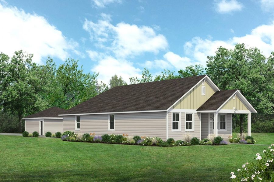Rendering of one story yellow and tan home with black door and detached garage with sky and landscaping Rendering of one story yellow and tan home with black door and detached garage with sky and landscaping