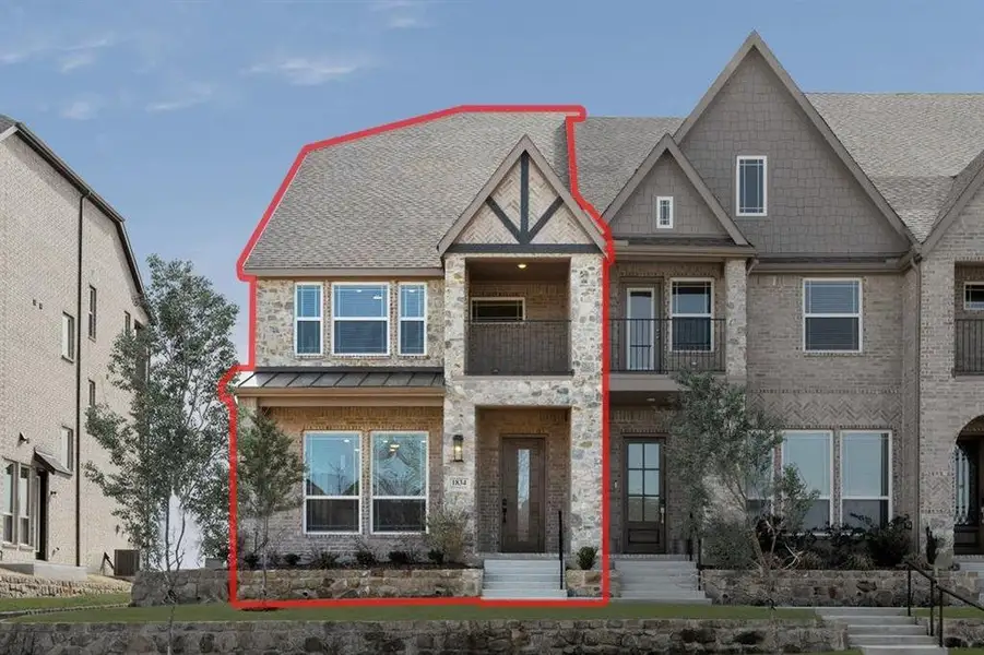 Front exterior of a new home in The Abbey at Mercer Crossing, Farmers Branch, TX, highlighting curb appeal (Image 24).