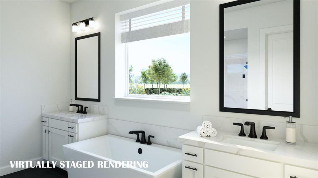 Offering his and her vanities, this owner's bath offers plenty of space for two.  VIRTUALLY STAGED RENDERING
