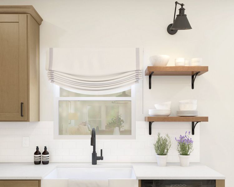 Kitchen with tile backsplash and floating shelves Kitchen with tile backsplash and floating shelves