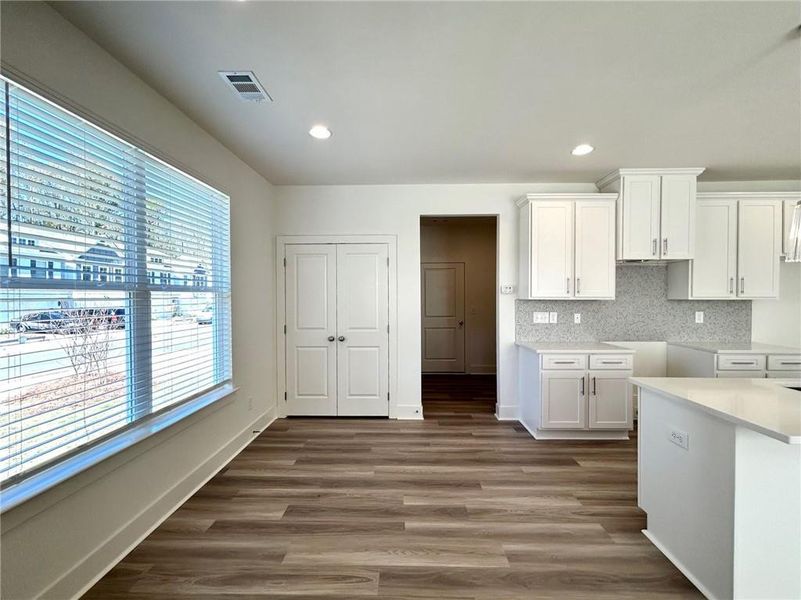 Kitchen featuring tasteful backsplash, dark wood-type flooring, and white cabinetry