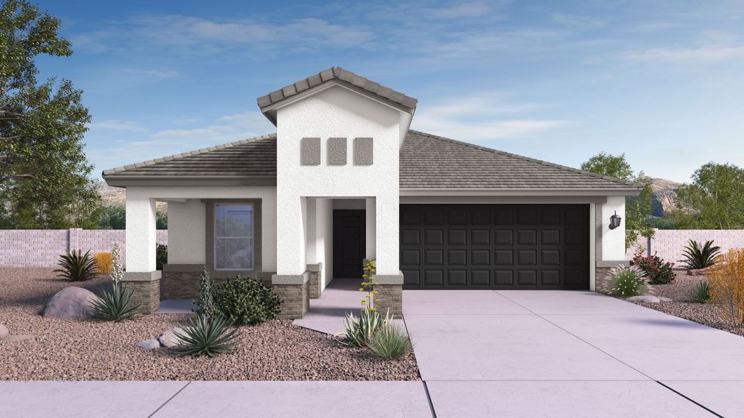 Front exterior of a new home in The Ridge at Stone Butte, Phoenix, AZ, highlighting curb appeal (Image 1). Front exterior of a new home in The Ridge at Stone Butte, Phoenix, AZ, highlighting curb appeal (Image 1).