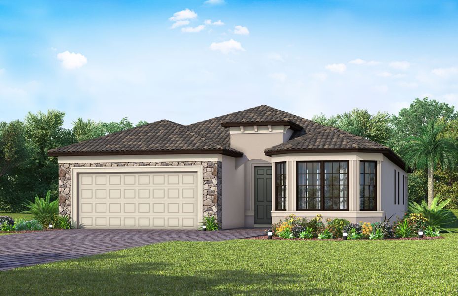 Representative exterior photo of a completed home built from the Mystique by Del Webb in Del Webb Naples, Ave Maria, FL (Image 2). Representative exterior photo of a completed home built from the Mystique by Del Webb in Del Webb Naples, Ave Maria, FL (Image 2).