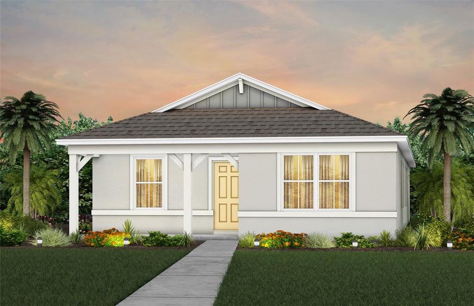 Front exterior of a new home in EverBe, Orlando, FL, highlighting curb appeal (Image 1).