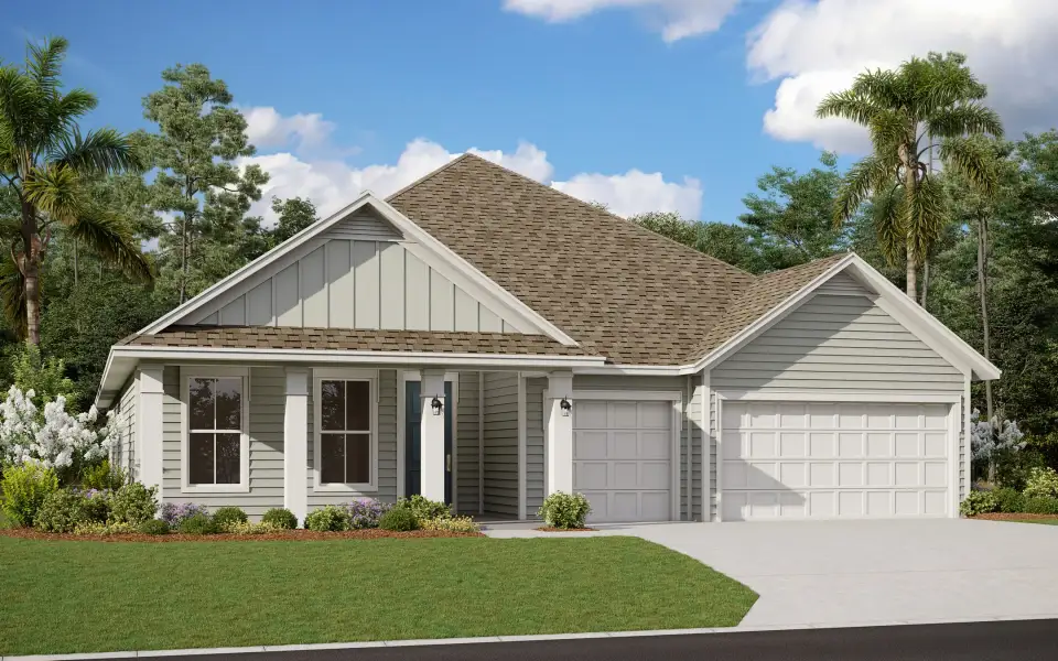 Front exterior of a new home in Seminole Trace, Palm Coast, FL, highlighting curb appeal (Image 1). Front exterior of a new home in Seminole Trace, Palm Coast, FL, highlighting curb appeal (Image 1).