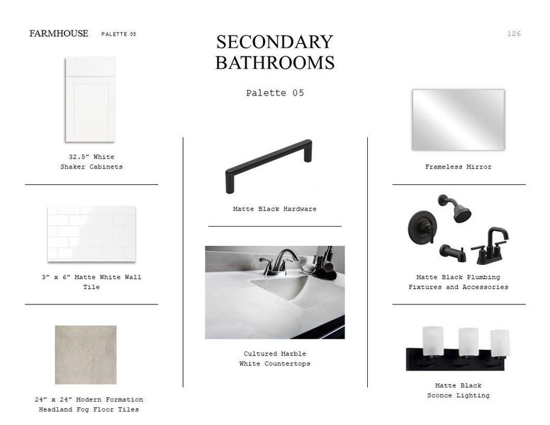 Farmhouse Look Palette 5: Secondary Bathroom Selection Sheet (*Artist rendering used for illustration purposes only.)