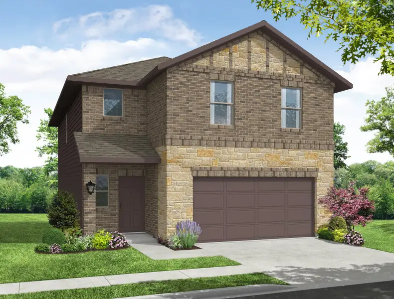 Representative exterior photo of a completed home built from the Mulberry by Impression Homes in Keeneland, Aubrey, TX (Image 7). Representative exterior photo of a completed home built from the Mulberry by Impression Homes in Keeneland, Aubrey, TX (Image 7).