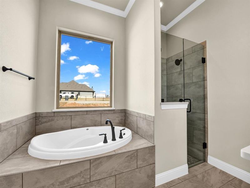 Bathroom with ornamental molding and independent shower and bath