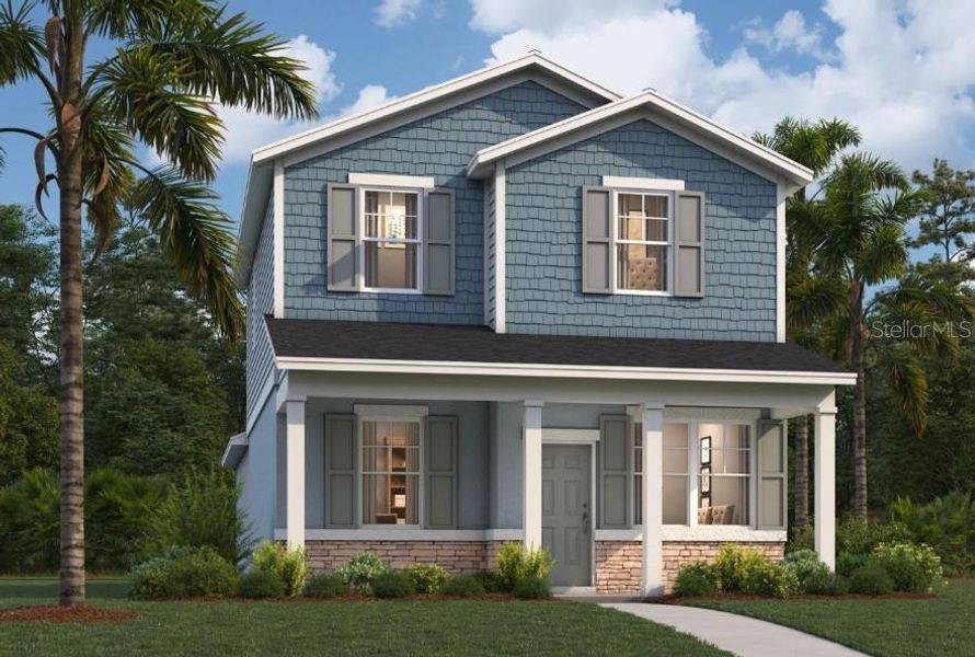 Front exterior of a new home in Spring Walk at the Junction, Debary, FL, highlighting curb appeal (Image 1).