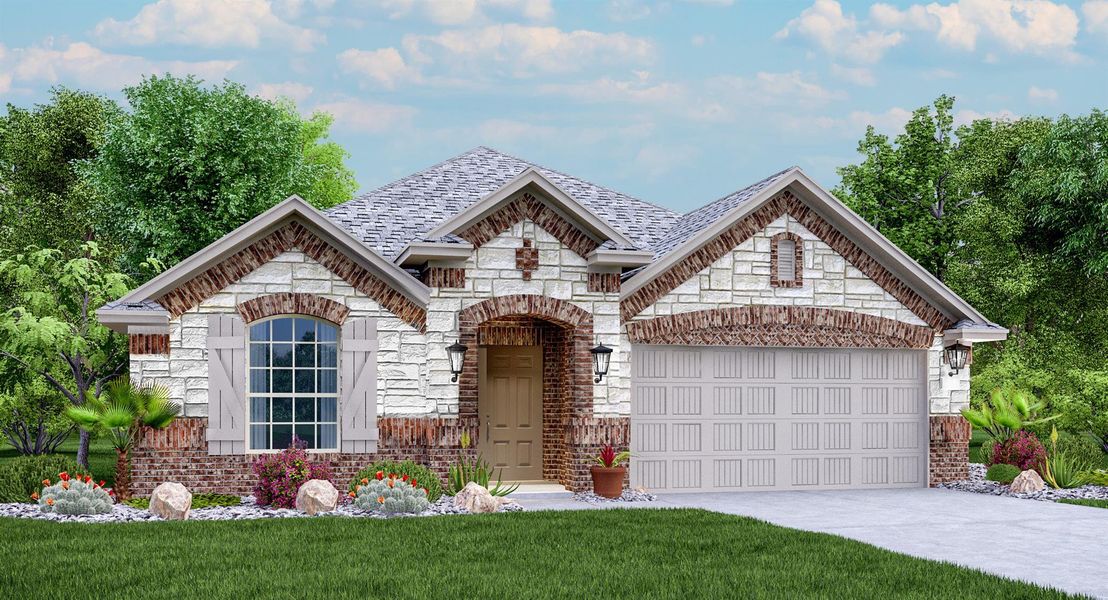Front exterior of a new home in Lively Ranch: Brookstone Collection, Georgetown, TX, highlighting curb appeal (Image 1).