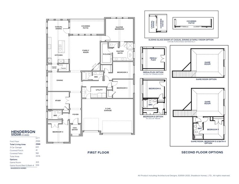 2D floor plan layout for the Henderson - S5208 by Shaddock Homes in Solterra Texas, Mesquite, TX (Image 4).