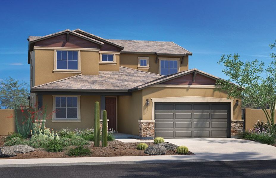Representative exterior photo of a completed home built from the 3159 by Homes by Towne in Windrose V, Waddell, AZ (Image 4). Representative exterior photo of a completed home built from the 3159 by Homes by Towne in Windrose V, Waddell, AZ (Image 4).